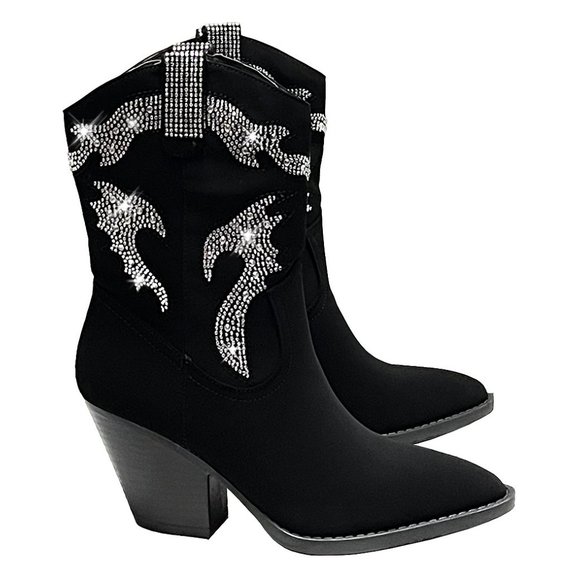New Womens Black Rhinestone Blingy Western Cowboy Ankle Boots Booties - Picture 5 of 7